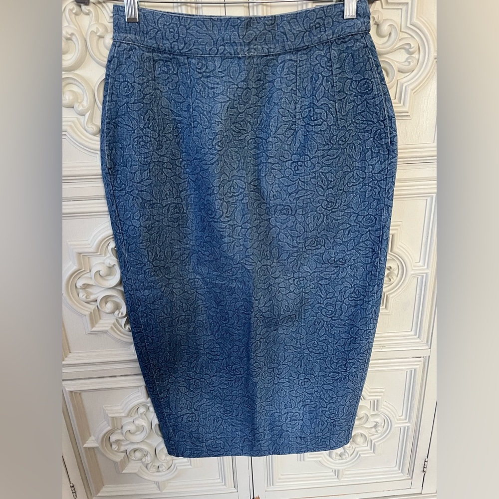 Vintage Denim Pencil Skirt floral pattern